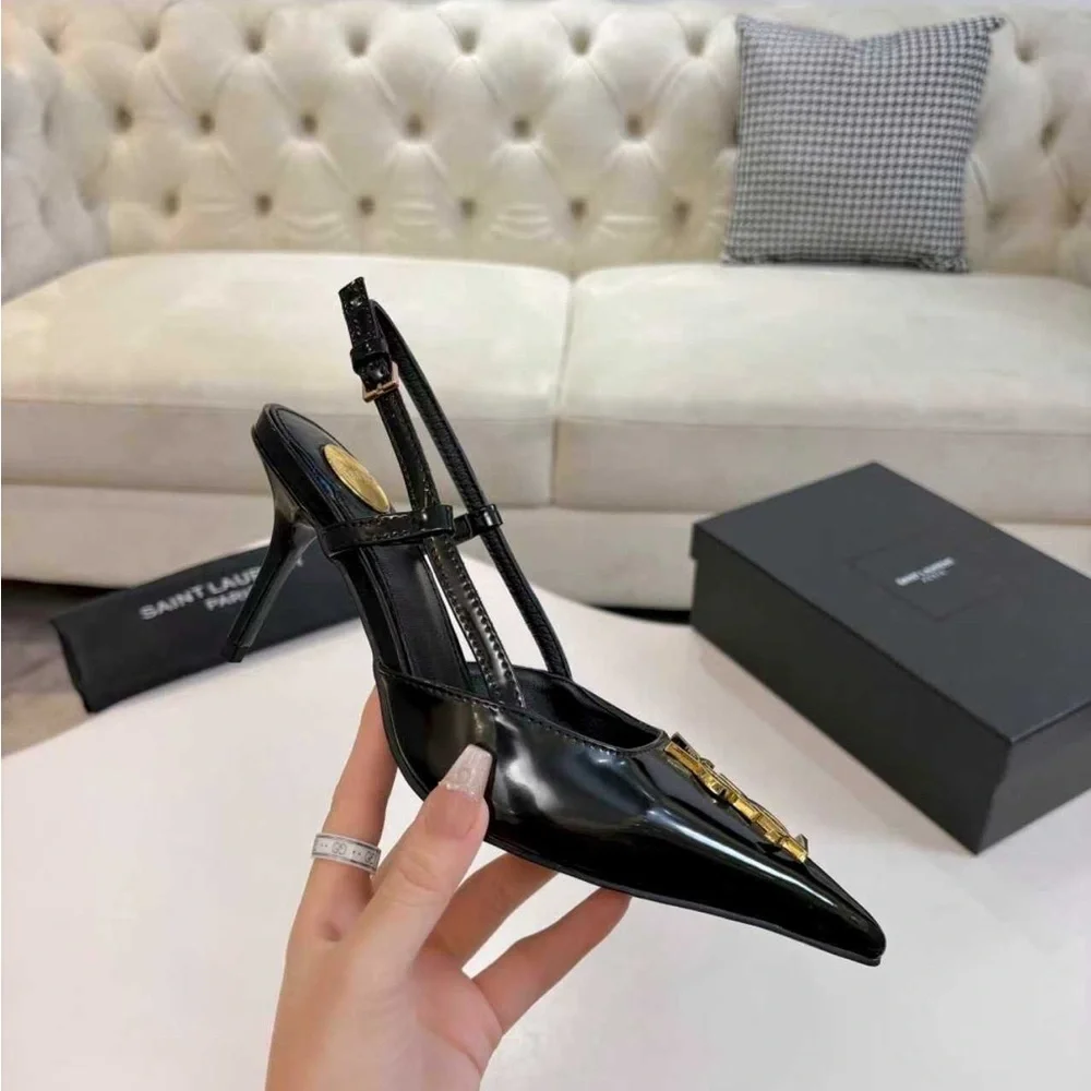 Saint Laurent Black Patent Slingback Heels with Gold Logo - Picture 3 of 7